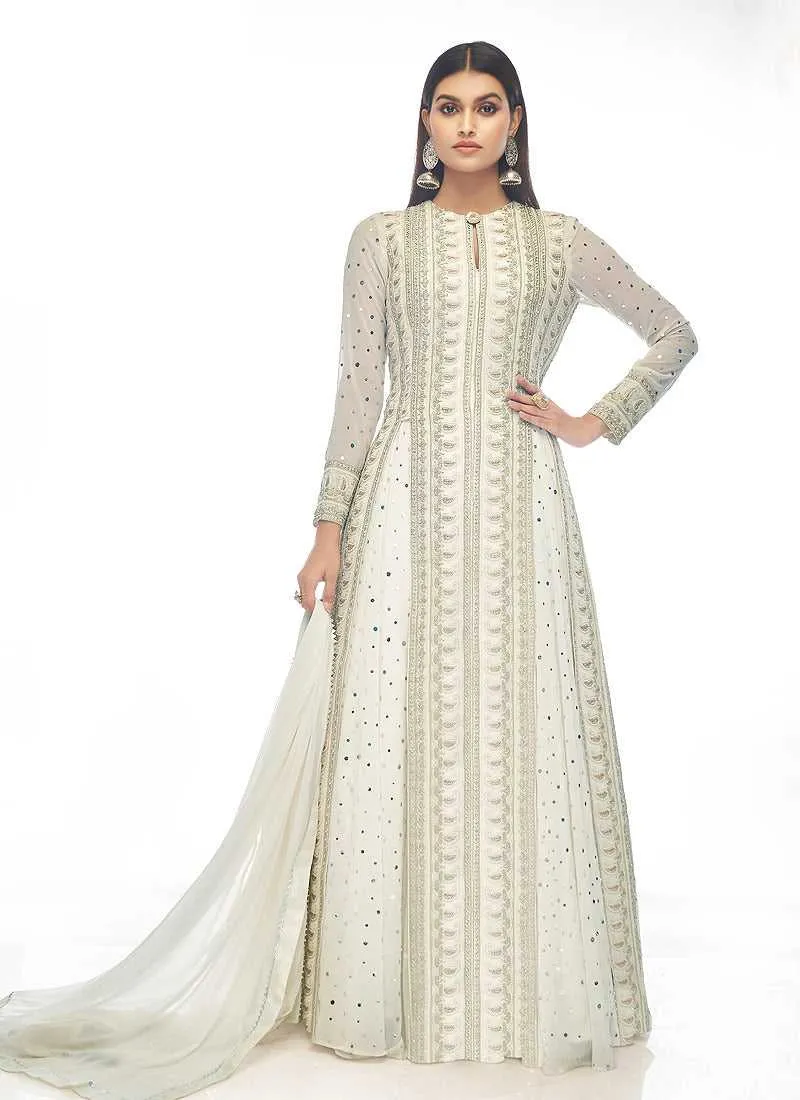 White and Gold Mirror Embroidered Indo Western Style Lehenga