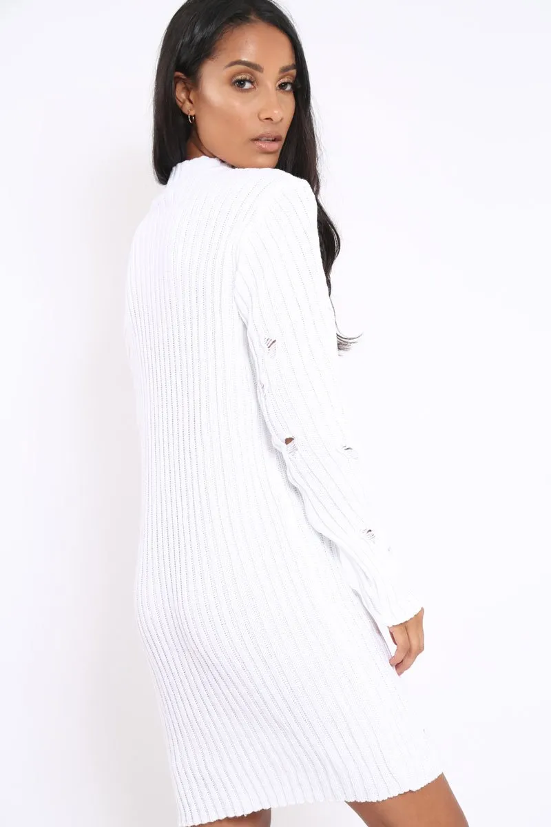 White Knit Distressed Jumper Dress - Cheryl