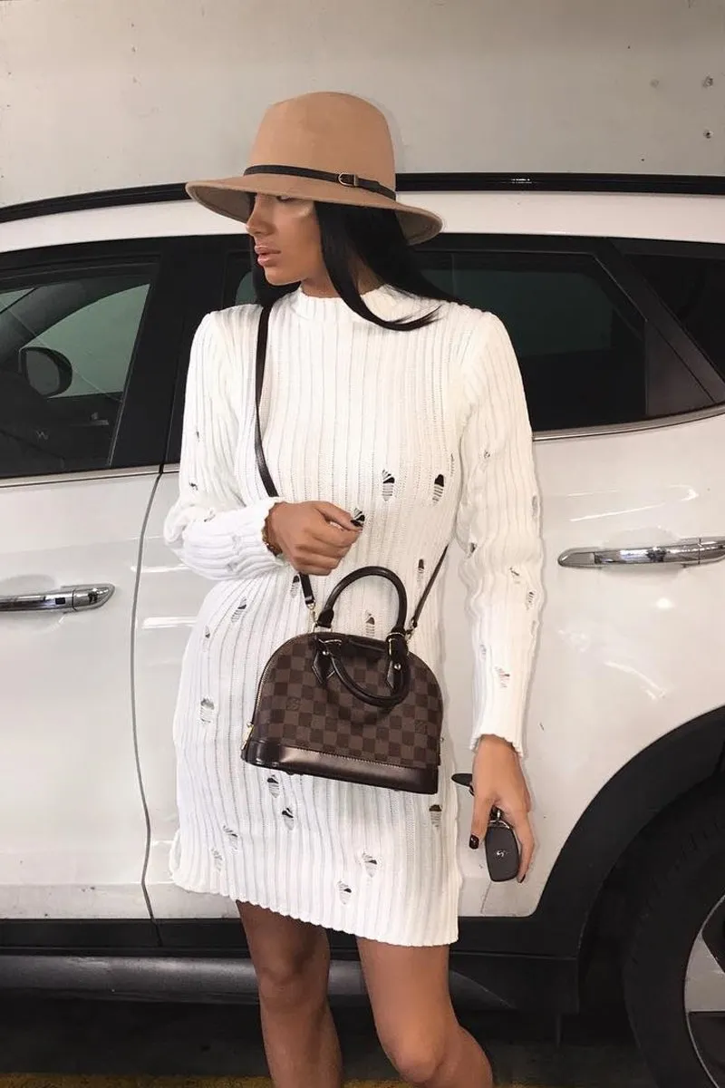 White Knit Distressed Jumper Dress - Cheryl
