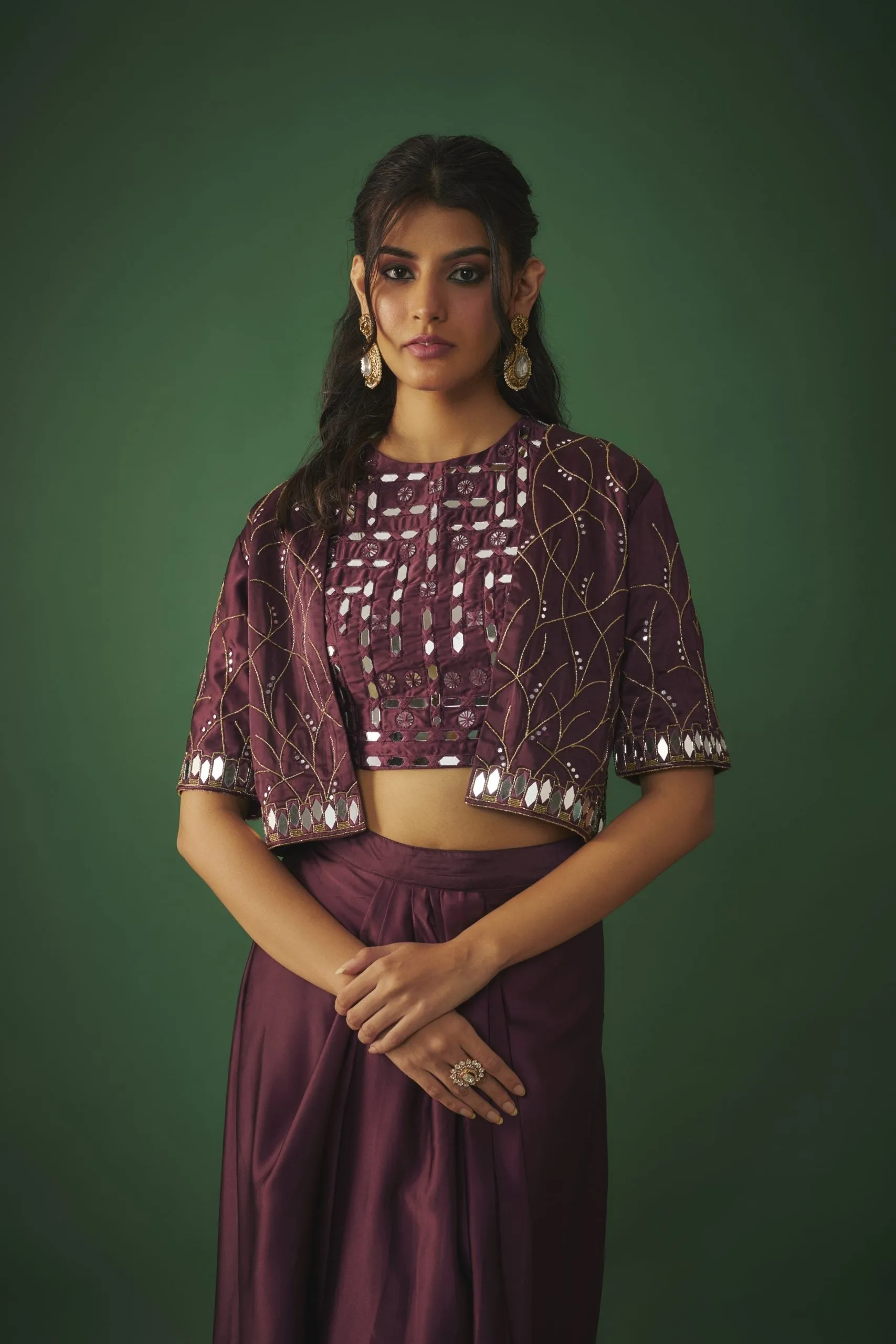 WINE MIRROR EMBROIDERED CHOLI, DHOTI SKIRT AND CROP JACKET SET