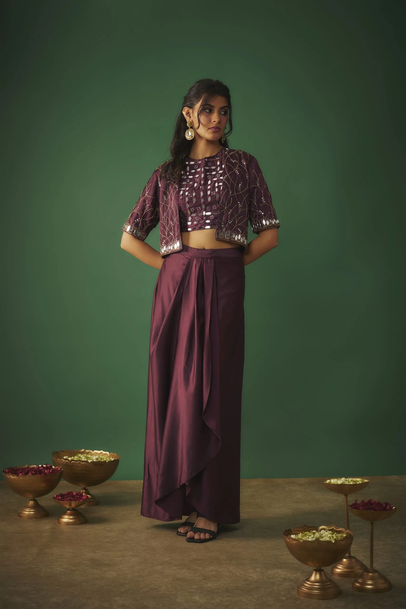 WINE MIRROR EMBROIDERED CHOLI, DHOTI SKIRT AND CROP JACKET SET