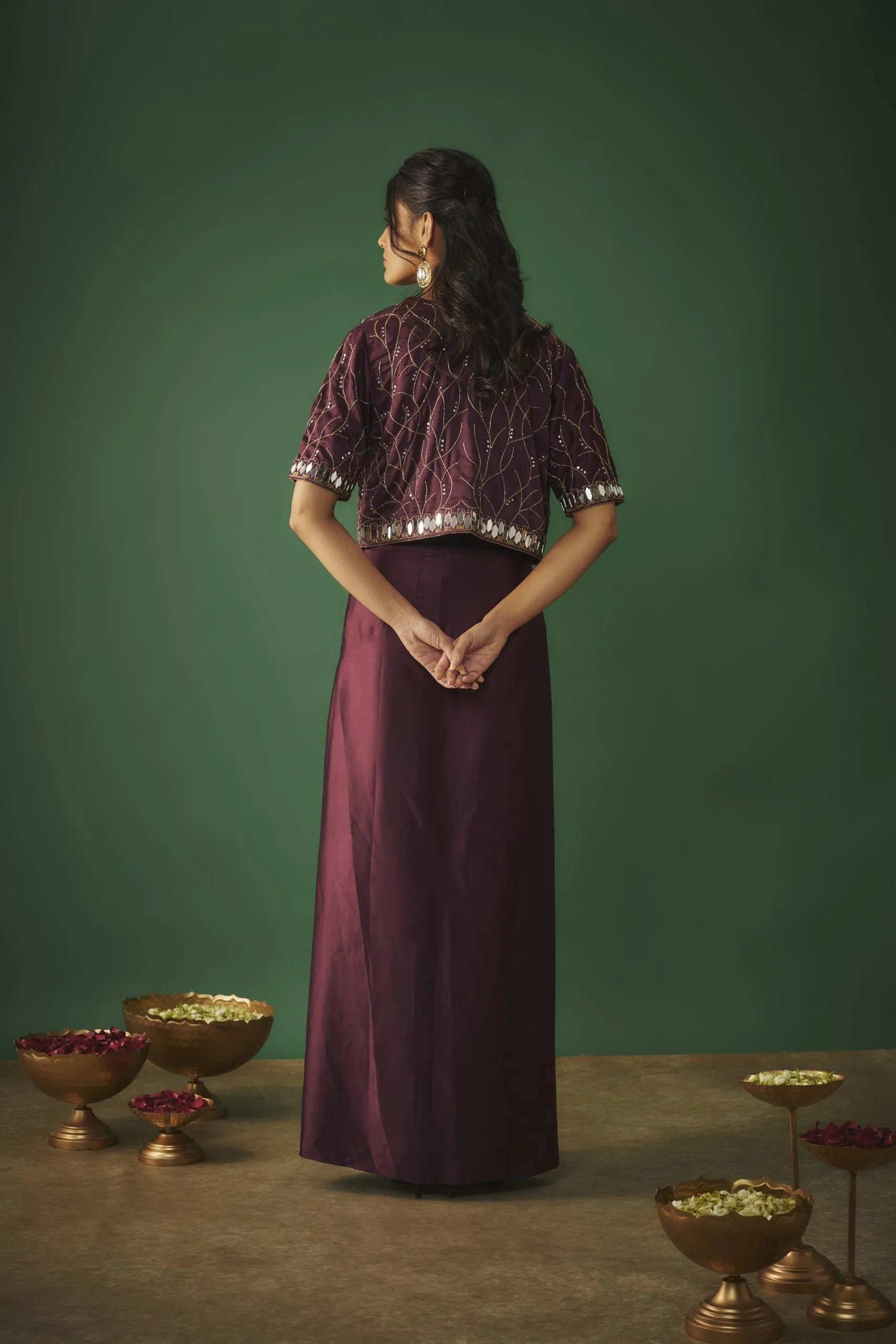WINE MIRROR EMBROIDERED CHOLI, DHOTI SKIRT AND CROP JACKET SET
