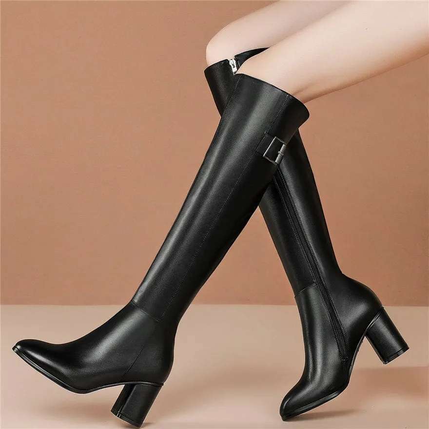 Women Black Cow Leather High Heel Knee High Motorcycle Boots