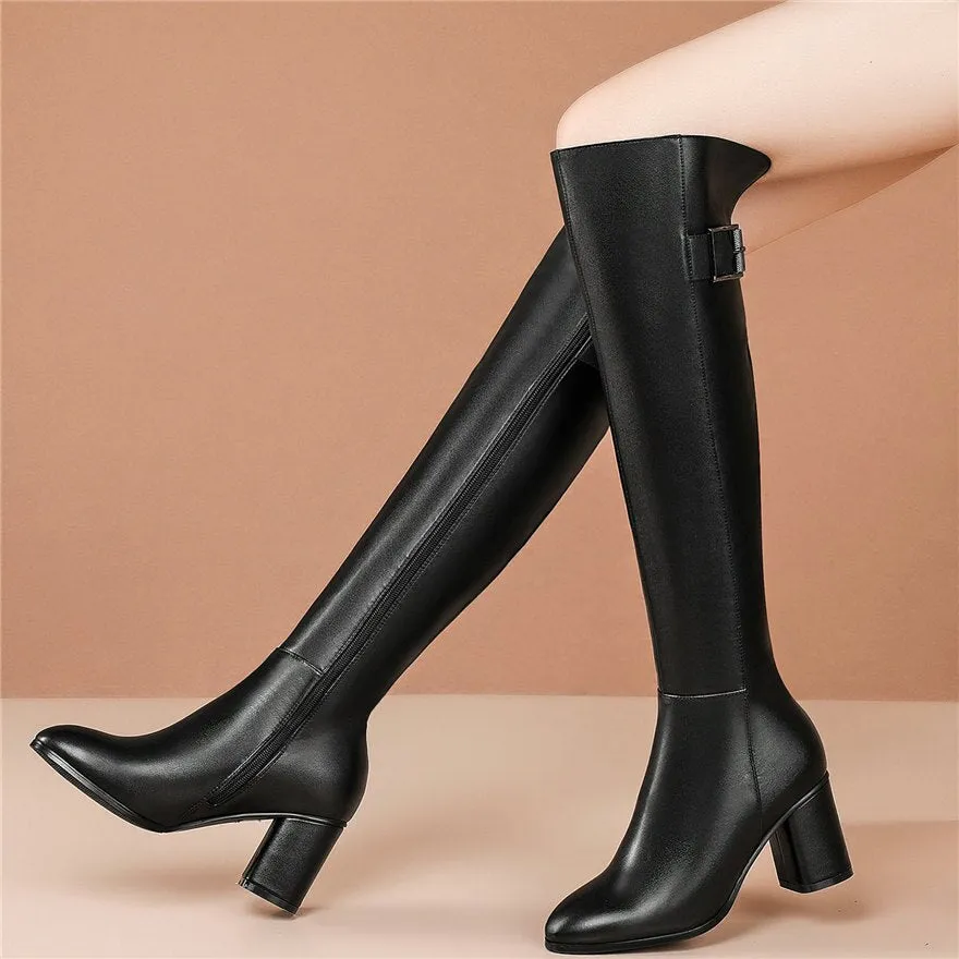 Women Black Cow Leather High Heel Knee High Motorcycle Boots