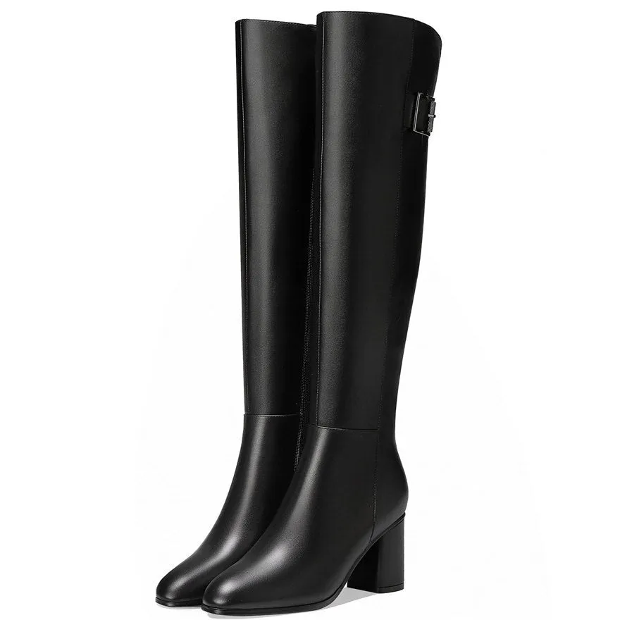 Women Black Cow Leather High Heel Knee High Motorcycle Boots