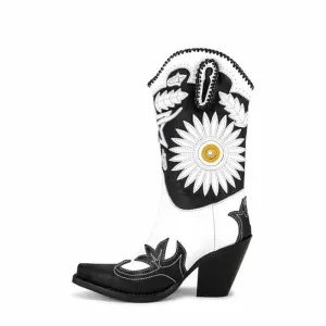 Women Embroidery Western Cowboy Boots Mid-Calf Pointy Toe Chunky Heel Cowgirl Boots