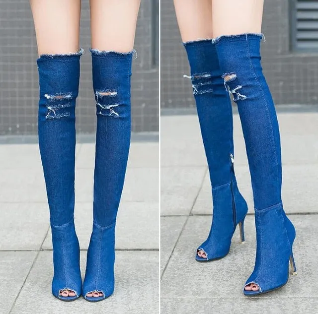 Women Thigh High Jean Boots