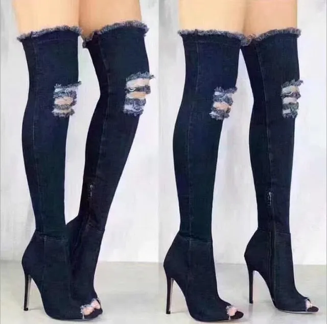 Women Thigh High Jean Boots