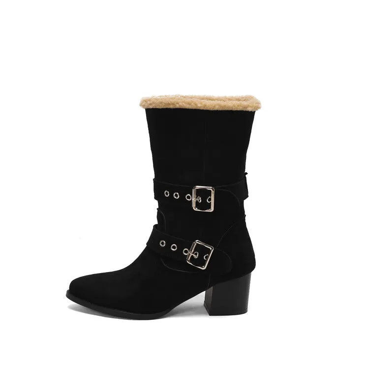 Women's Buckle Strap Block Heel Mid Calf Boots