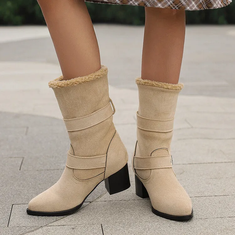 Women's Buckle Strap Block Heel Mid Calf Boots