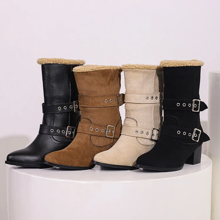 Women's Buckle Strap Block Heel Mid Calf Boots