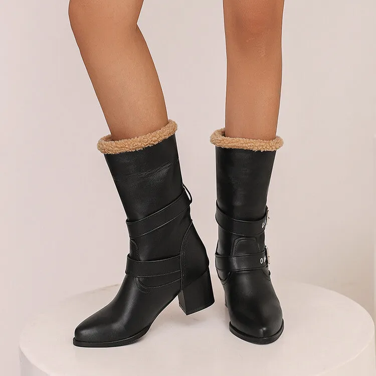 Women's Buckle Strap Block Heel Mid Calf Boots