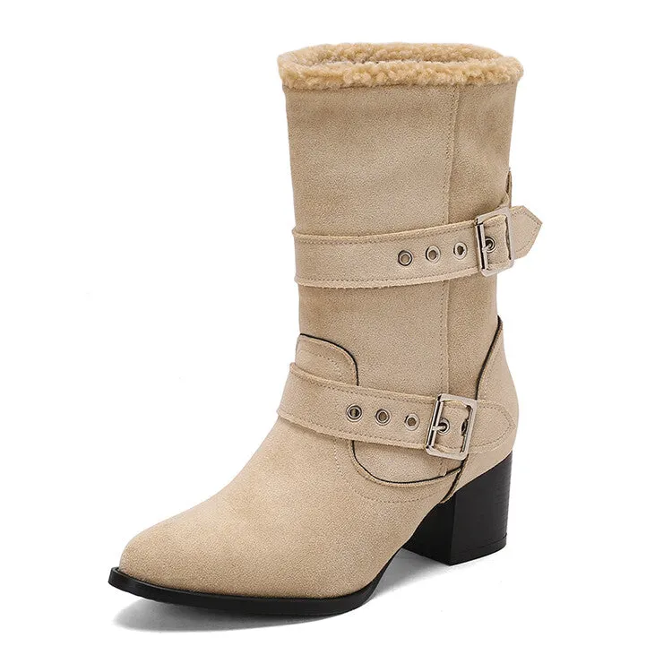 Women's Buckle Strap Block Heel Mid Calf Boots