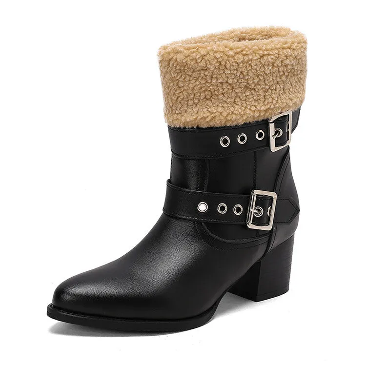 Women's Buckle Strap Block Heel Mid Calf Boots