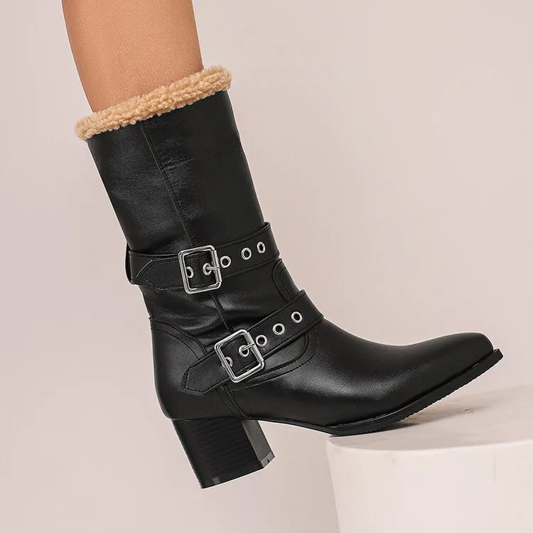 Women's Buckle Strap Block Heel Mid Calf Boots