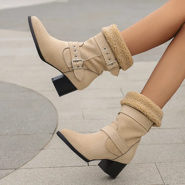 Women's Buckle Strap Block Heel Mid Calf Boots