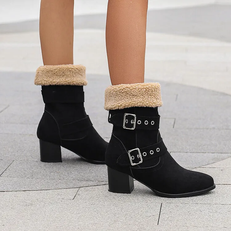 Women's Buckle Strap Block Heel Mid Calf Boots
