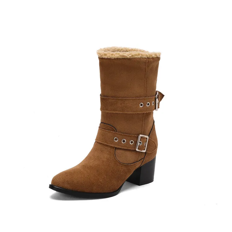 Women's Buckle Strap Block Heel Mid Calf Boots