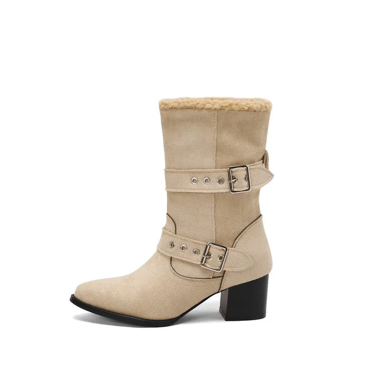Women's Buckle Strap Block Heel Mid Calf Boots