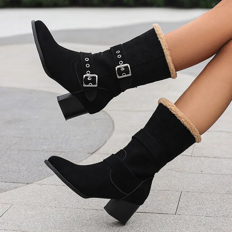Women's Buckle Strap Block Heel Mid Calf Boots