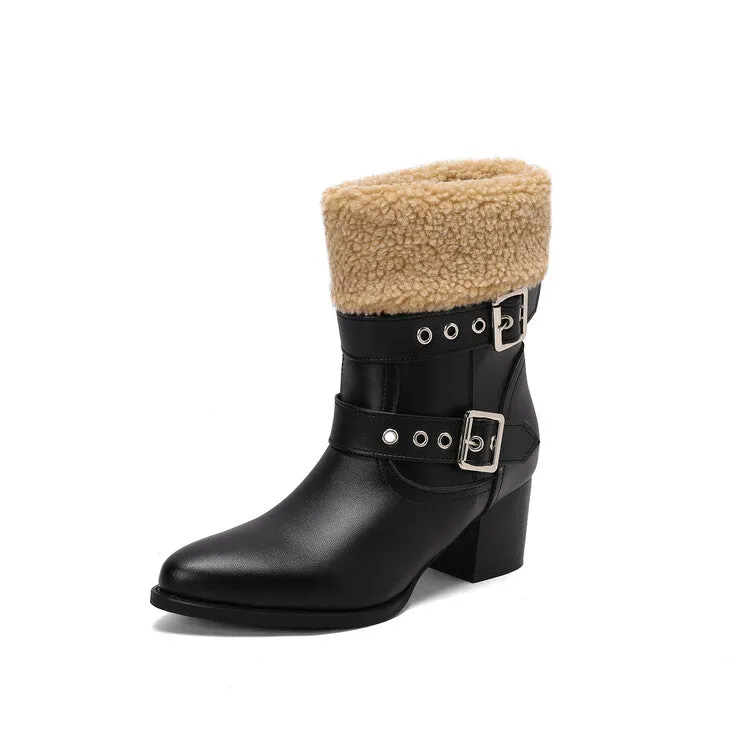 Women's Buckle Strap Block Heel Mid Calf Boots
