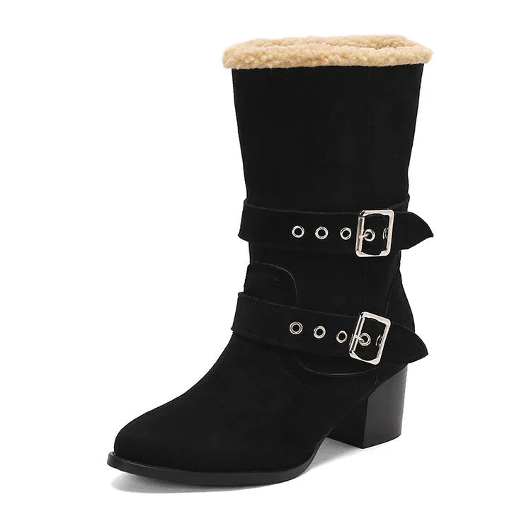 Women's Buckle Strap Block Heel Mid Calf Boots