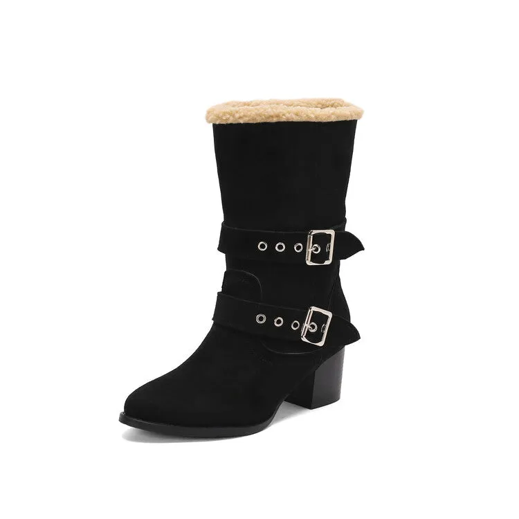 Women's Buckle Strap Block Heel Mid Calf Boots