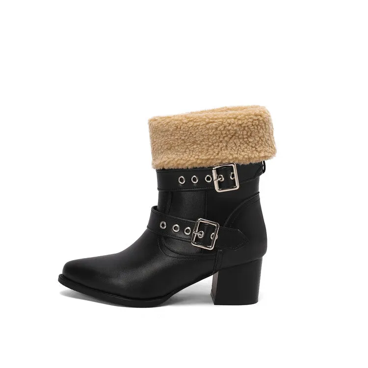 Women's Buckle Strap Block Heel Mid Calf Boots