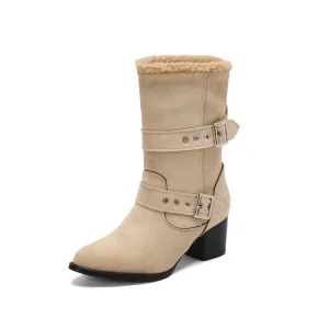 Women's Buckle Strap Block Heel Mid Calf Boots