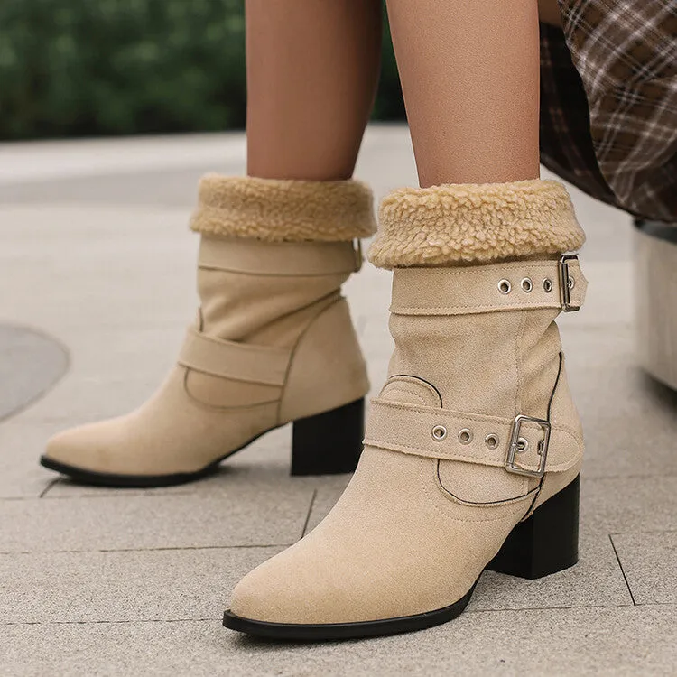 Women's Buckle Strap Block Heel Mid Calf Boots