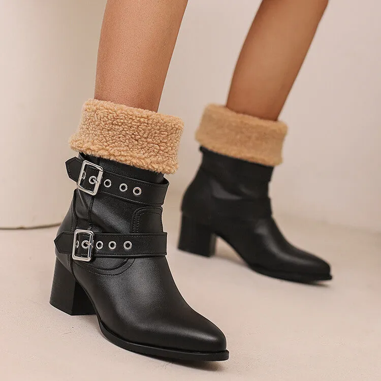 Women's Buckle Strap Block Heel Mid Calf Boots