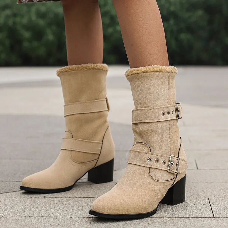 Women's Buckle Strap Block Heel Mid Calf Boots