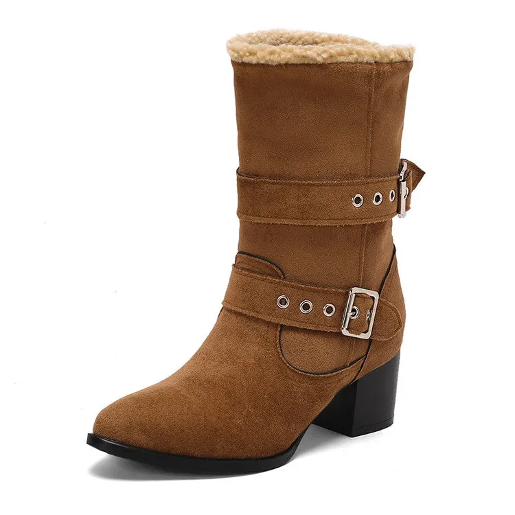 Women's Buckle Strap Block Heel Mid Calf Boots