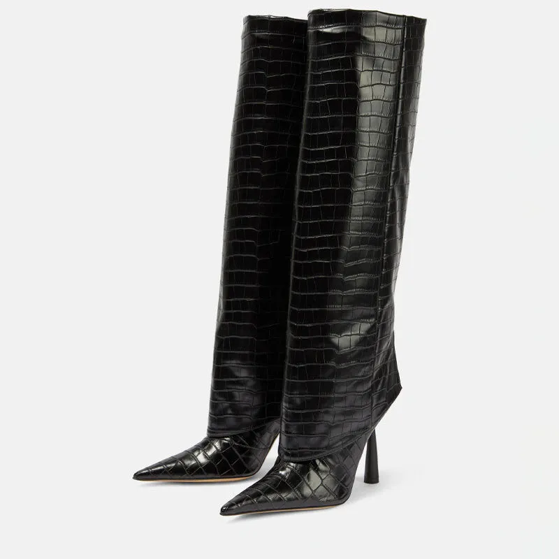 Women's Calf High Leather Stiletto Heel Boots – Elegant and Stylish