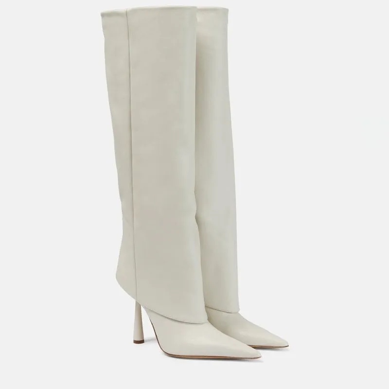 Women's Calf High Leather Stiletto Heel Boots – Elegant and Stylish