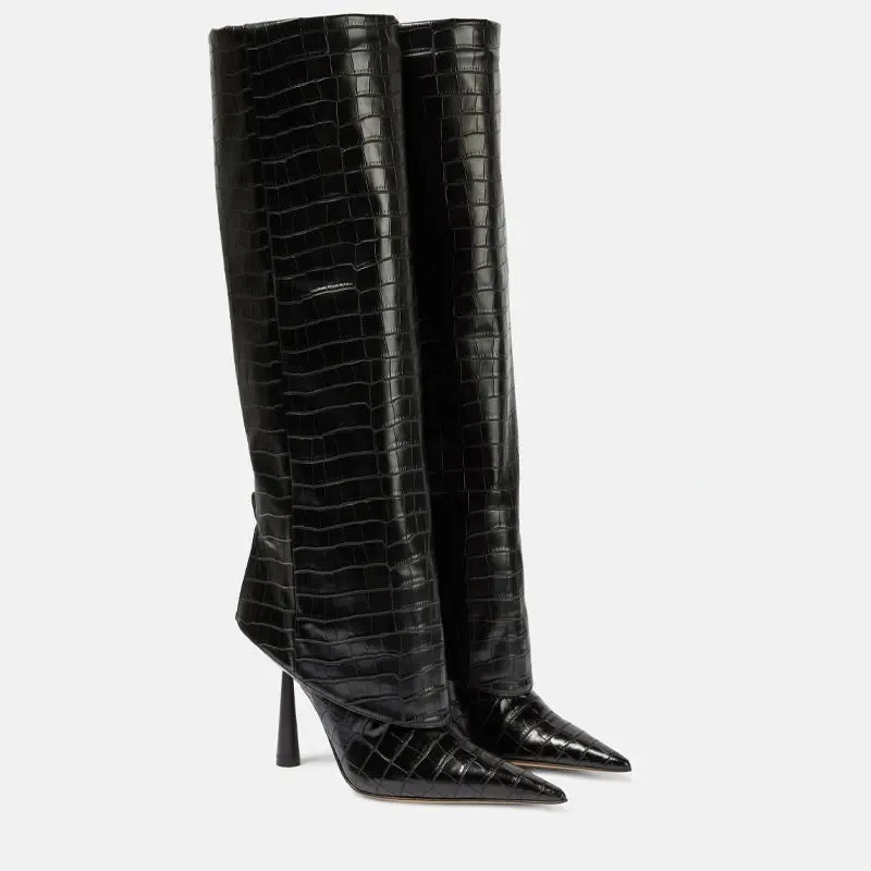Women's Calf High Leather Stiletto Heel Boots – Elegant and Stylish