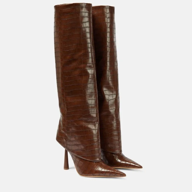 Women's Calf High Leather Stiletto Heel Boots – Elegant and Stylish