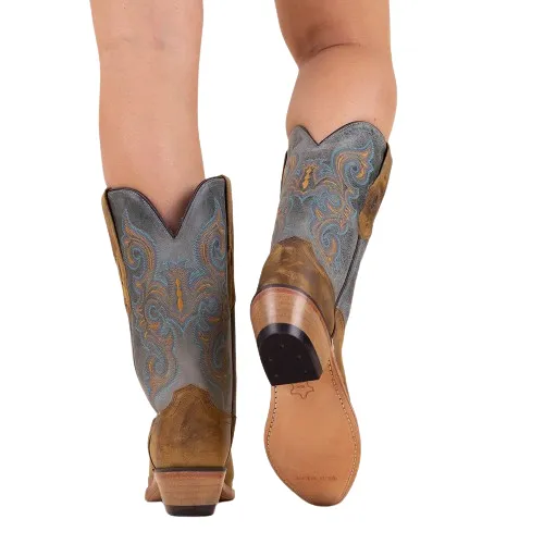 Women's Cowboy Country Western Boots Handmade Brown and Blue Leather Embroidered LF1601E