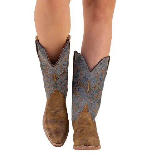 Women's Cowboy Country Western Boots Handmade Brown and Blue Leather Embroidered LF1601E