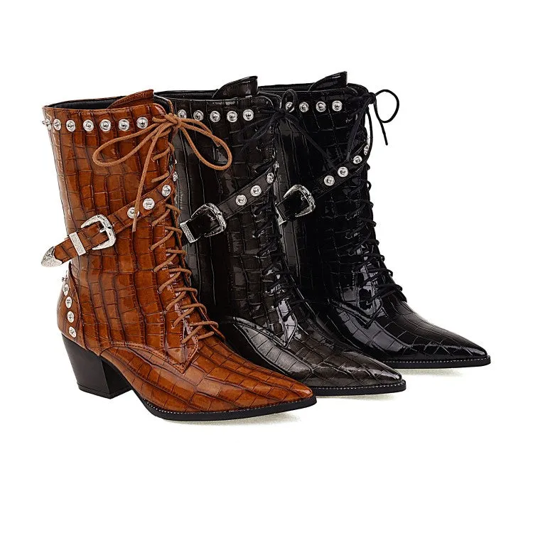 Women's  Crocodile Pattern Pointed Toe Buckles Belts Rivets Block Heel Mid Calf Boots