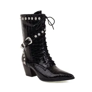 Women's  Crocodile Pattern Pointed Toe Buckles Belts Rivets Block Heel Mid Calf Boots