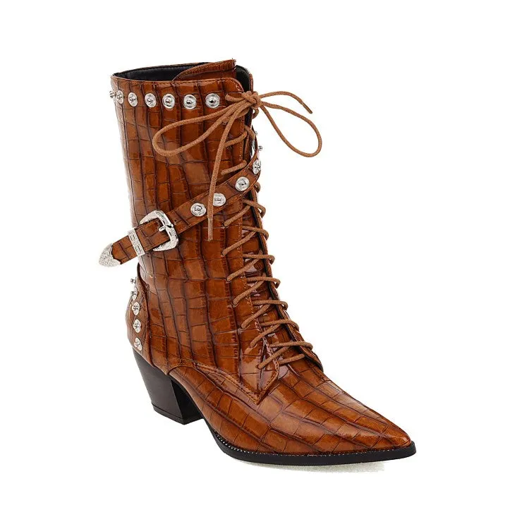 Women's  Crocodile Pattern Pointed Toe Buckles Belts Rivets Block Heel Mid Calf Boots