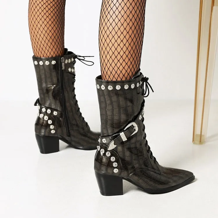 Women's  Crocodile Pattern Pointed Toe Buckles Belts Rivets Block Heel Mid Calf Boots