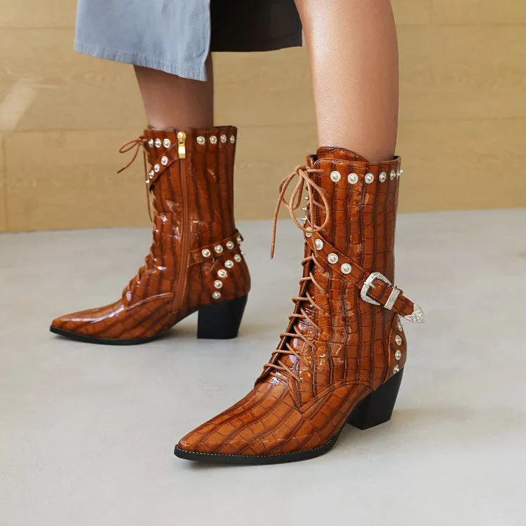 Women's  Crocodile Pattern Pointed Toe Buckles Belts Rivets Block Heel Mid Calf Boots
