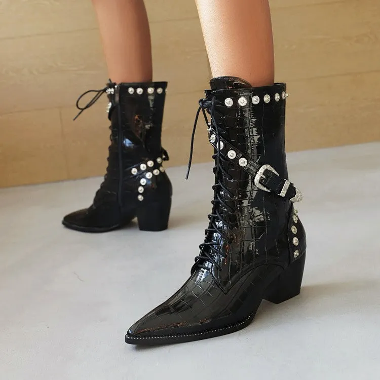 Women's  Crocodile Pattern Pointed Toe Buckles Belts Rivets Block Heel Mid Calf Boots