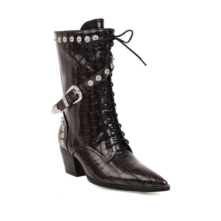 Women's  Crocodile Pattern Pointed Toe Buckles Belts Rivets Block Heel Mid Calf Boots