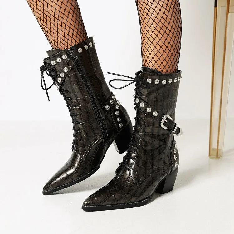 Women's  Crocodile Pattern Pointed Toe Buckles Belts Rivets Block Heel Mid Calf Boots