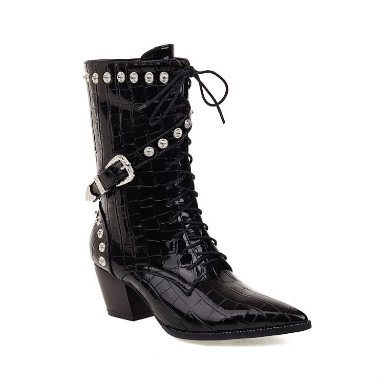 Women's  Crocodile Pattern Pointed Toe Buckles Belts Rivets Block Heel Mid Calf Boots