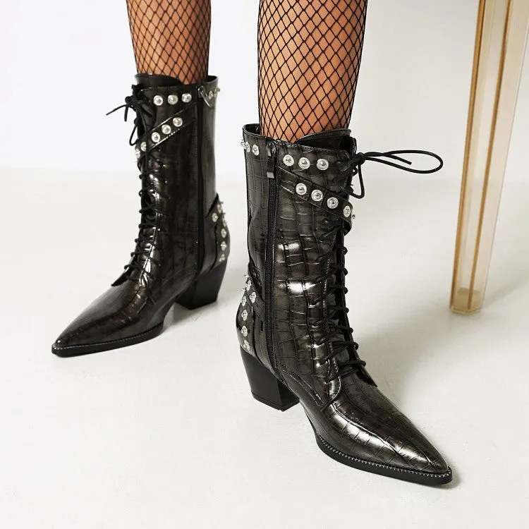 Women's  Crocodile Pattern Pointed Toe Buckles Belts Rivets Block Heel Mid Calf Boots