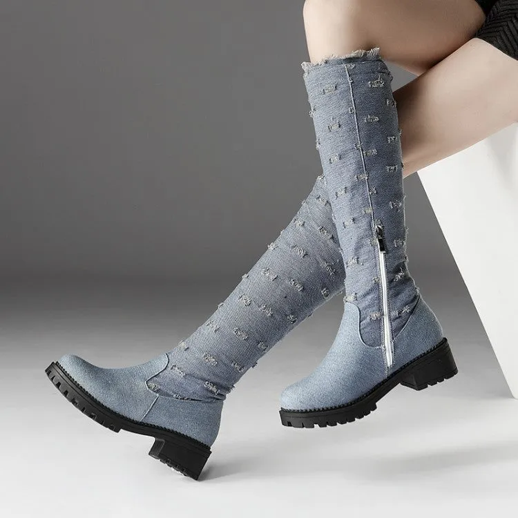 Women's Denim Mid Heel Knee High Boots